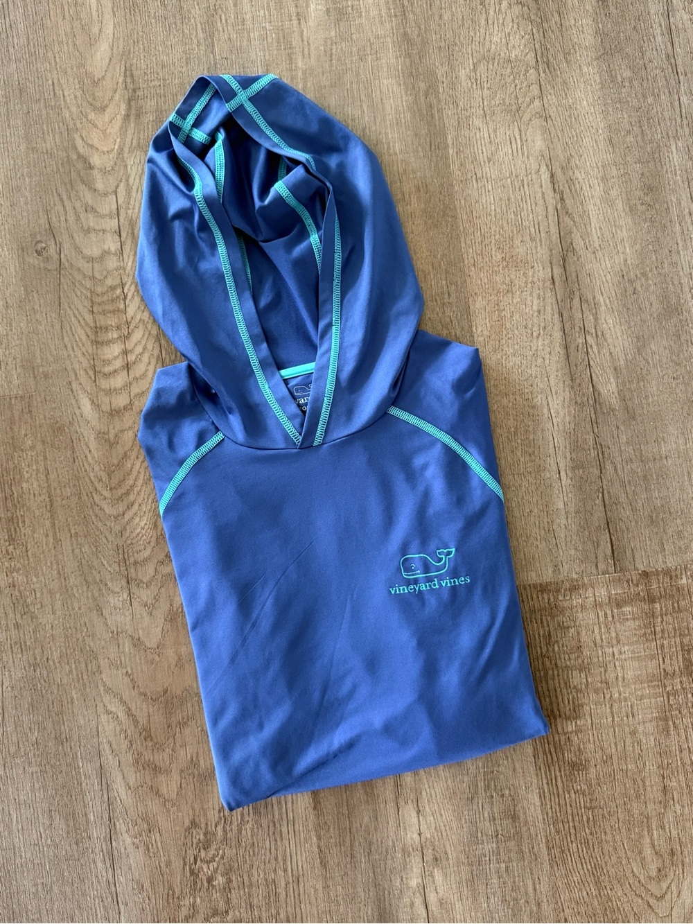 Vineyard Vines Blue Performance Hooded Long Sleeve with Aqua Trim